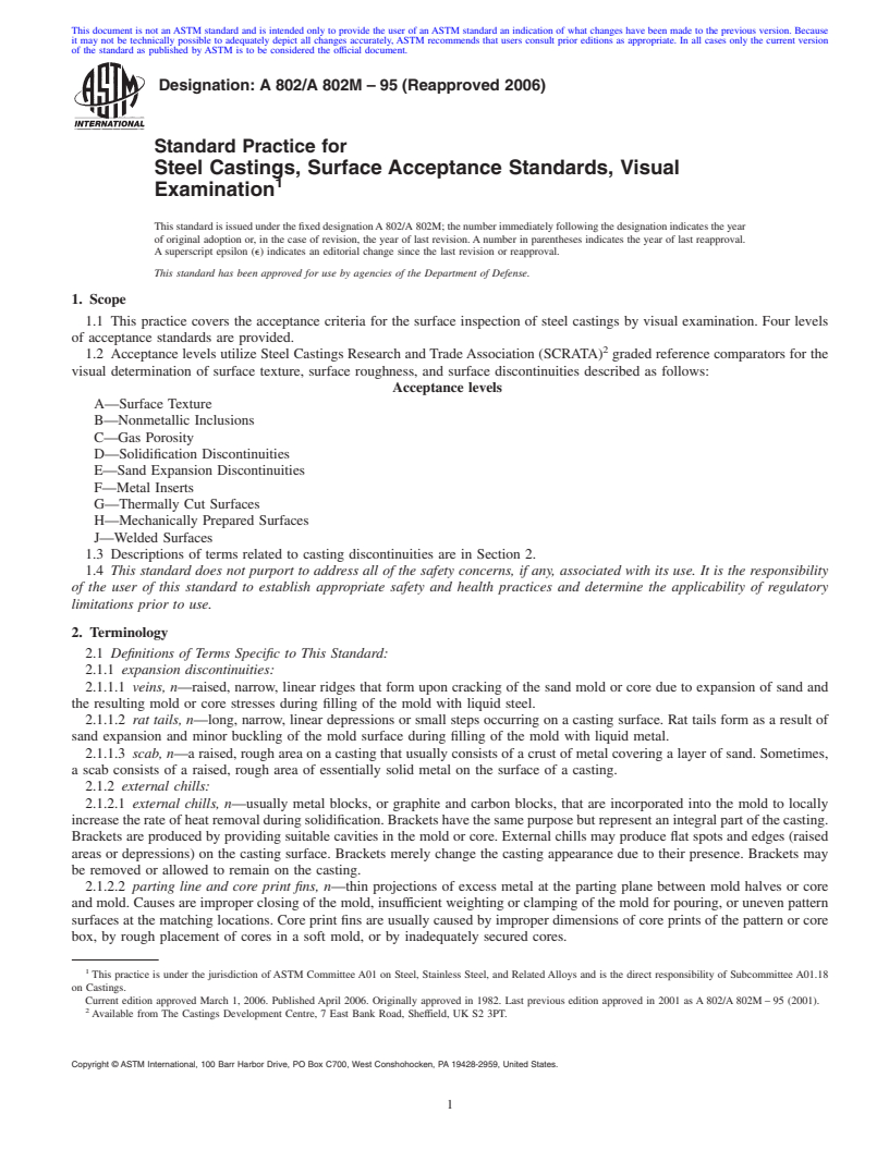 REDLINE ASTM A802/A802M-95(2006) - Standard Practice for Steel Castings, Surface Acceptance Standards, Visual Examination