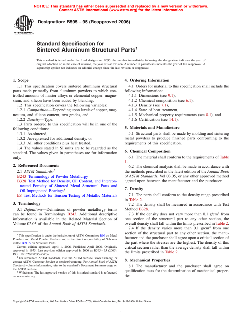 ASTM B595-95(2006) - Standard Specification for Sintered Aluminum Structural Parts