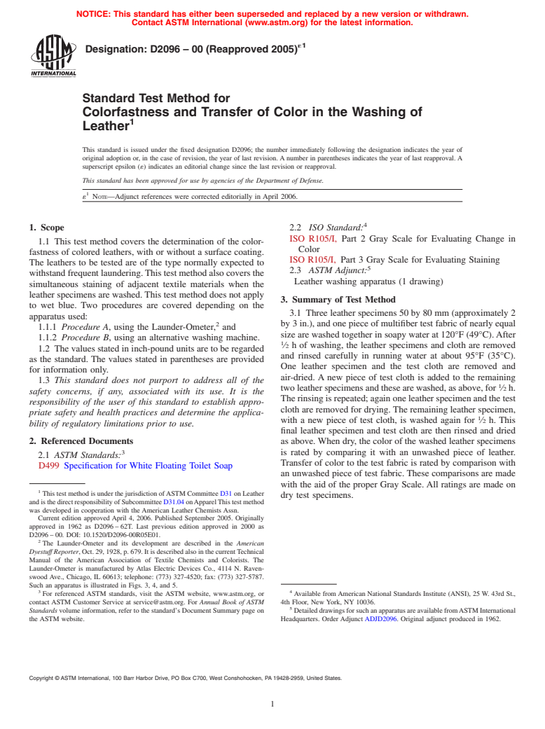 ASTM D2096-00(2005)e1 - Standard Test Method for Colorfastness and Transfer of Color in the Washing of Leather