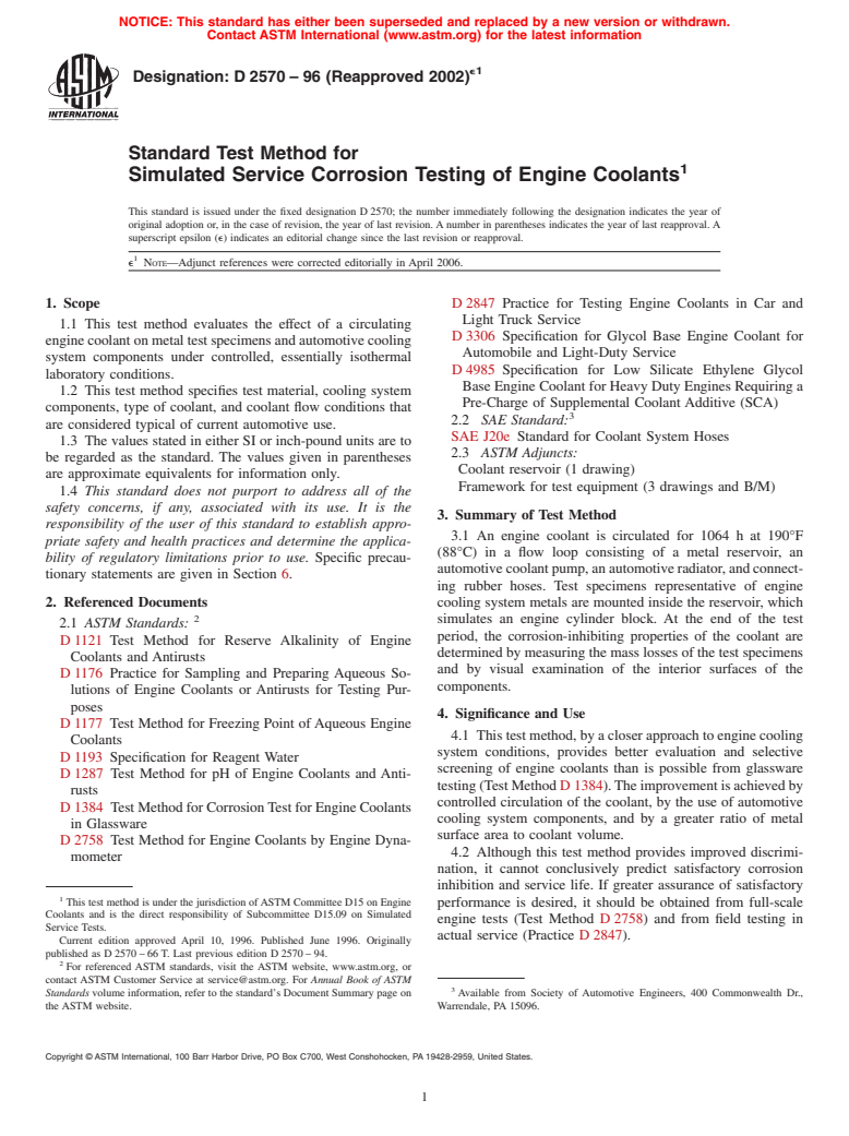 ASTM D2570-96(2002)e1 - Standard Test Method for Simulated Service Corrosion Testing of Engine Coolants