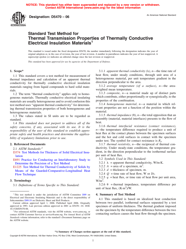 ASTM D5470-06 - Standard Test Method for Thermal Transmission Properties of Thermally Conductive Electrical Insulation Materials