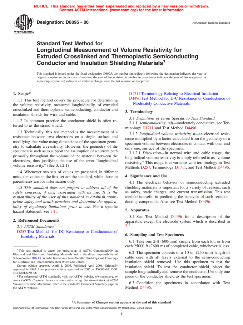 ASTM D6095-06 - Standard Test Method for Longitudinal Measurement of Volume Resistivity for Extruded Crosslinked and Thermoplastic Semiconducting Conductor and Insulation Shielding Materials