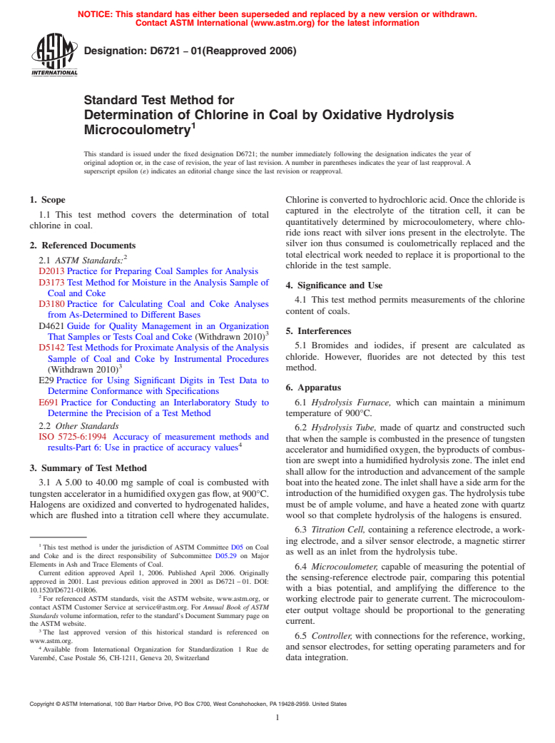 ASTM D6721-01(2006) - Standard Test Method for Determination of Chlorine in Coal by Oxidative Hydrolysis Microcoulometry