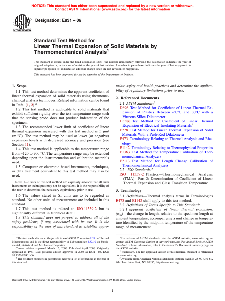 ASTM E831-06 - Standard Test Method for Linear Thermal Expansion of Solid Materials by Thermomechanical Analysis
