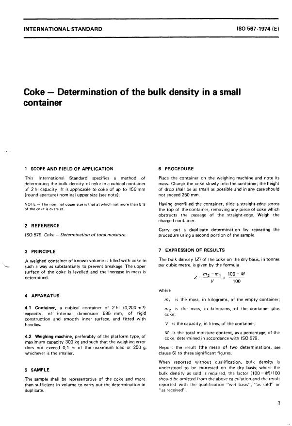 ISO 567:1974 - Coke -- Determination of the bulk density in a small container