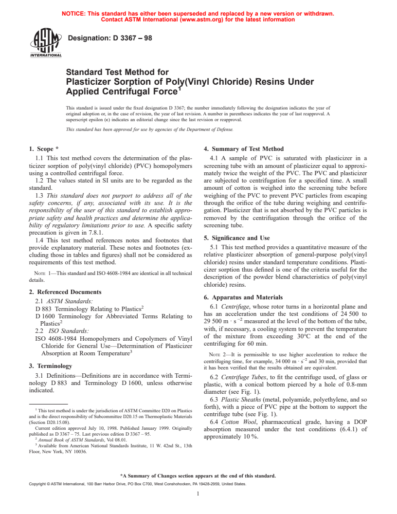 ASTM D3367-98 - Standard Test Method for Plasticizer Sorption of Poly(Vinyl Chloride) Resins Under Applied Centrifugal Force