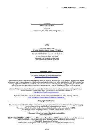 SIST EN 302 617-2 V2.1.1:2016 Ground-based UHF radio transmitters, receivers and transceivers for the UHF aeronautical mobile service using amplitude modulation; Part 2: Harmonised Standard covering the essential requirements of article 3.2 of the Directive 2014/53/EU - ERM JTFEA - Page 2 preview