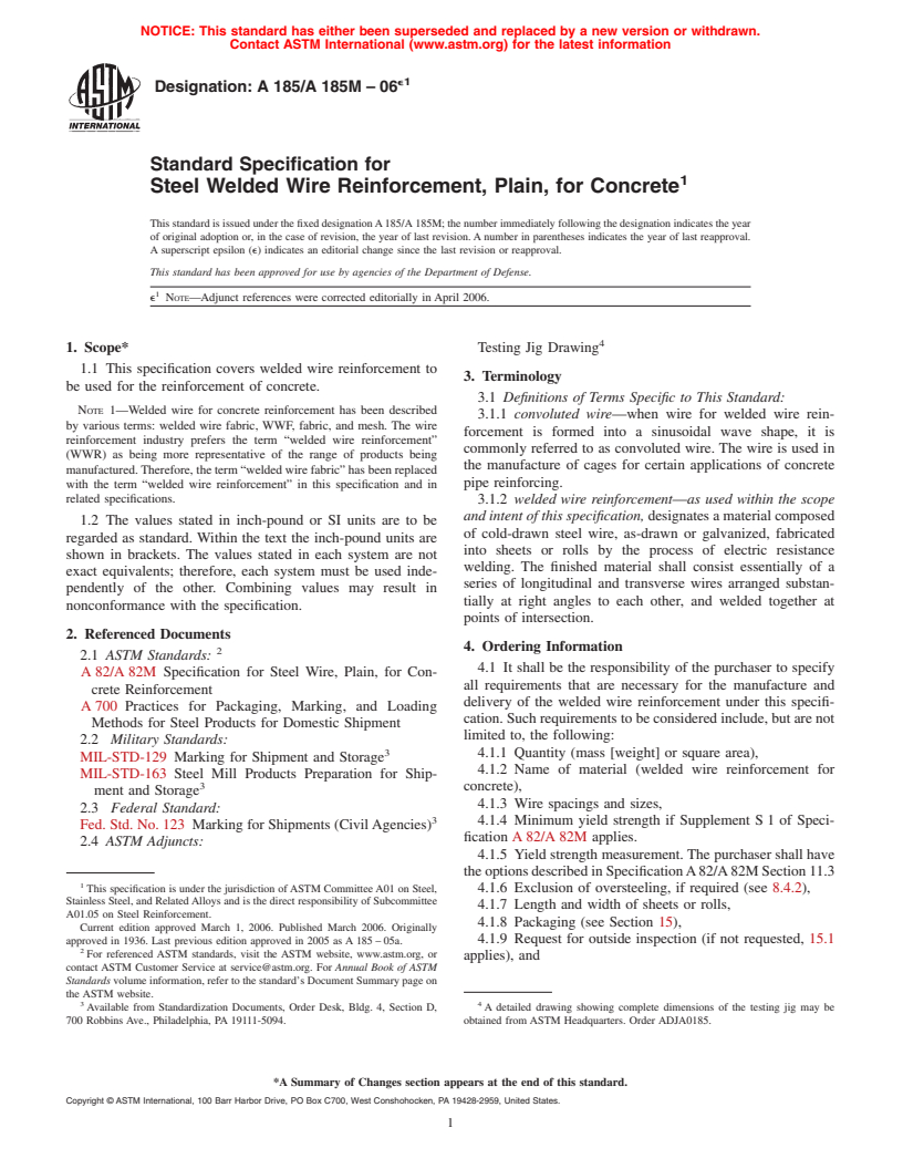 ASTM A185/A185M-06e1 - Standard Specification for Steel Welded Wire Reinforcement, Plain, for Concrete