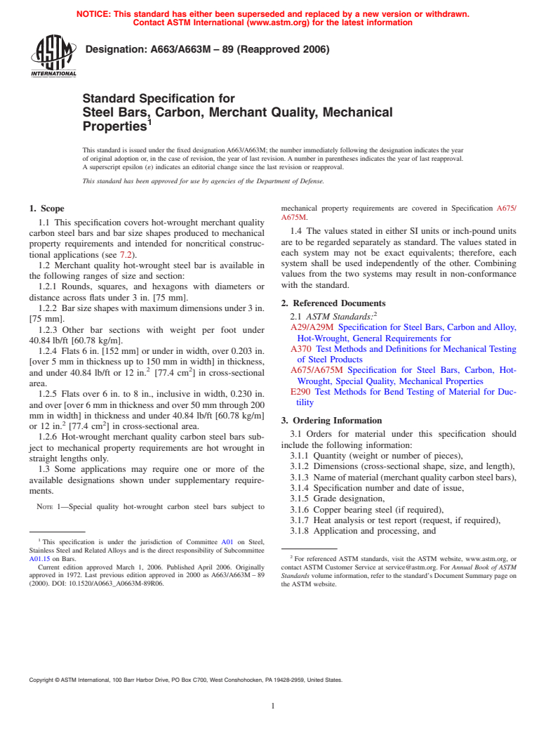 ASTM A663/A663M-89(2006) - tandard Specification for Steel Bars, Carbon, Merchant Quality, Mechanical Properties