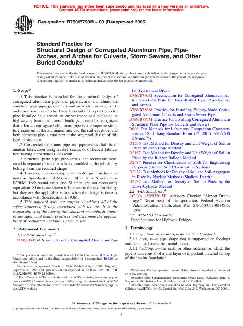 ASTM B790/B790M-00(2006) - Standard Practice for Structural Design of Corrugated Aluminum Pipe, Pipe-Arches, and Arches for Culverts, Storm Sewers, and Other Buried Conduits