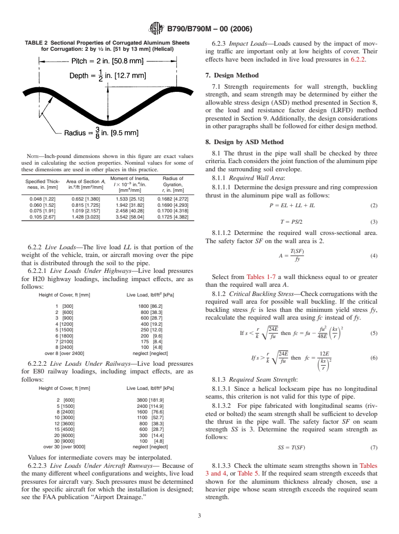 ASTM B790/B790M-00(2006) - Standard Practice for Structural Design of Corrugated Aluminum Pipe, Pipe-Arches, and Arches for Culverts, Storm Sewers, and Other Buried Conduits