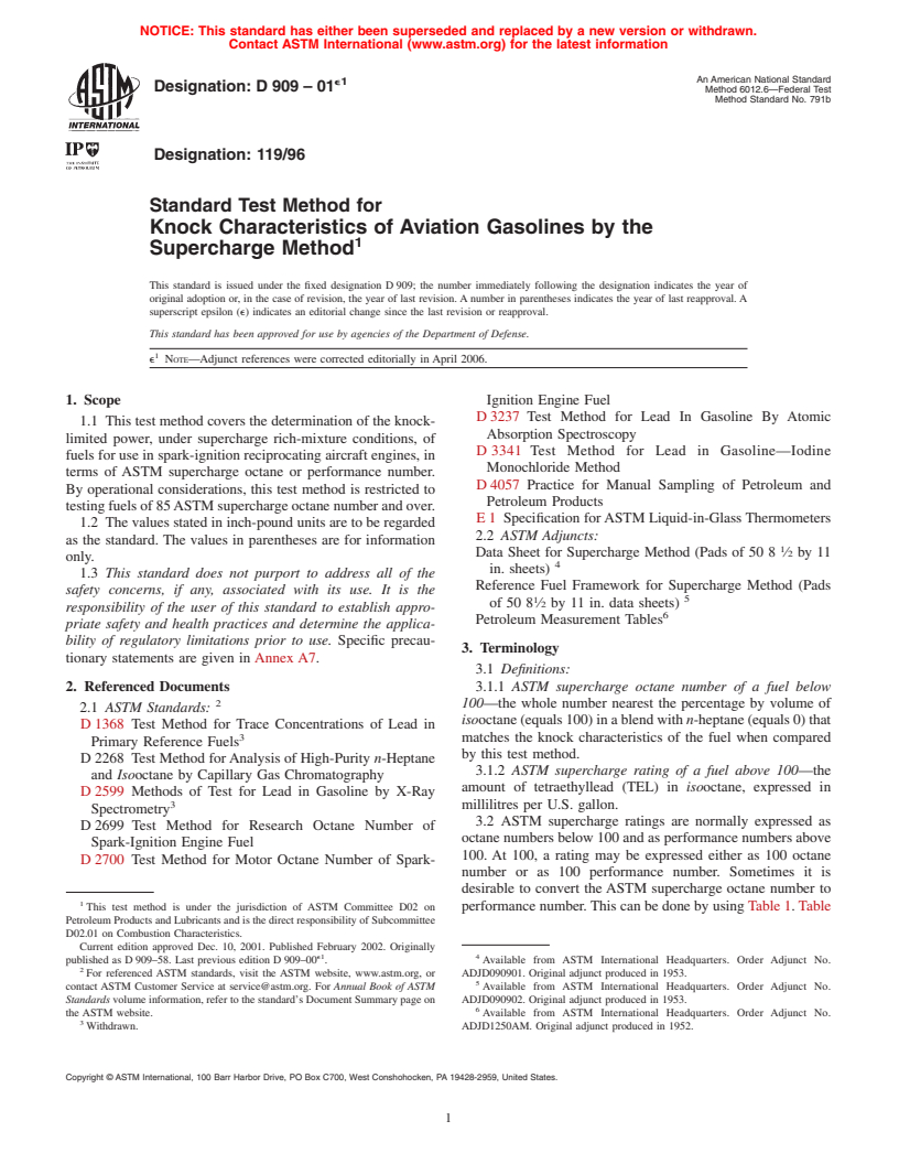 ASTM D909-01e1 - Standard Test Method for Knock Characteristics of Aviation Gasolines by the Supercharge Method