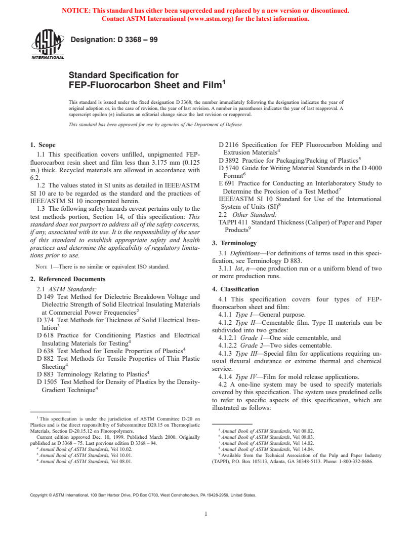 ASTM D3368-99 - Standard Specification for FEP-Fluorocarbon Resin Sheet and Film