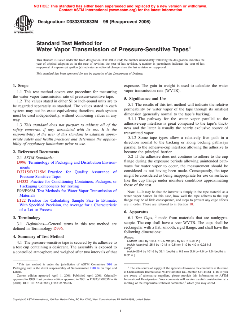 ASTM D3833/D3833M-96(2006) - Standard Test Method for Water Vapor Transmission of Pressure-Sensitive Tapes