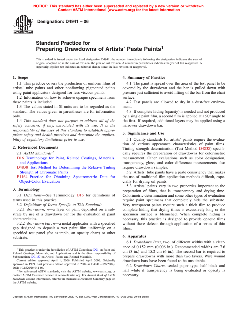 ASTM D4941-06 - Standard Practice for Preparing Drawdowns of Artists' Paste Paints