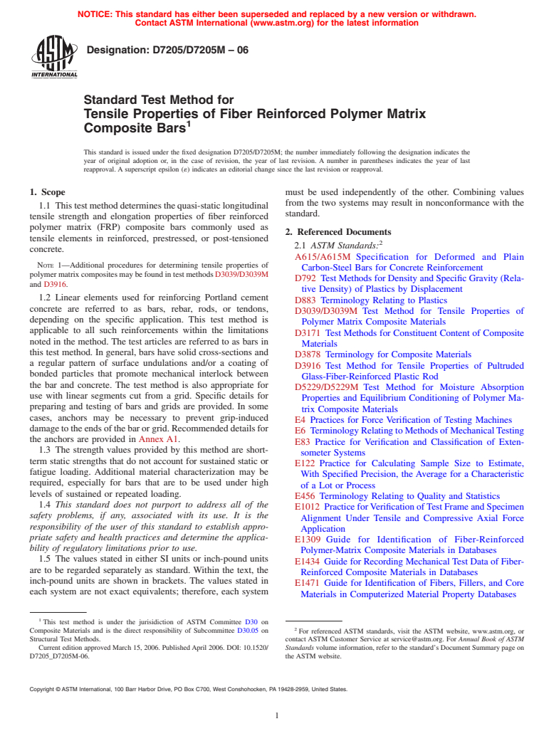 ASTM D7205/D7205M-06 - Standard Test Method for Tensile Properties of Fiber Reinforced Polymer Matrix Composite Bars