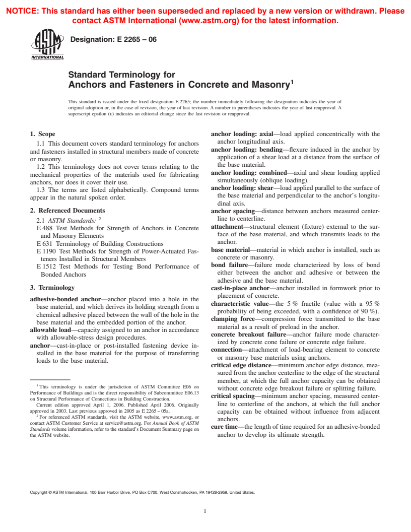 ASTM E2265-06 - Standard Terminology for Anchors and Fasteners in Concrete and Masonry