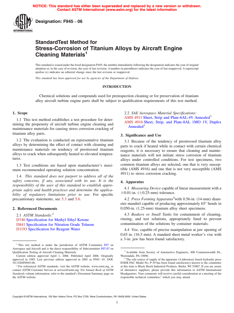 ASTM F945-06 - Standard Test Method for Stress-Corrosion of Titanium Alloys by Aircraft Engine Cleaning Materials