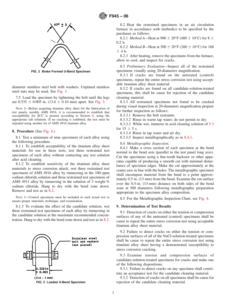 ASTM F945-06 - Standard Test Method for Stress-Corrosion of Titanium Alloys by Aircraft Engine Cleaning Materials