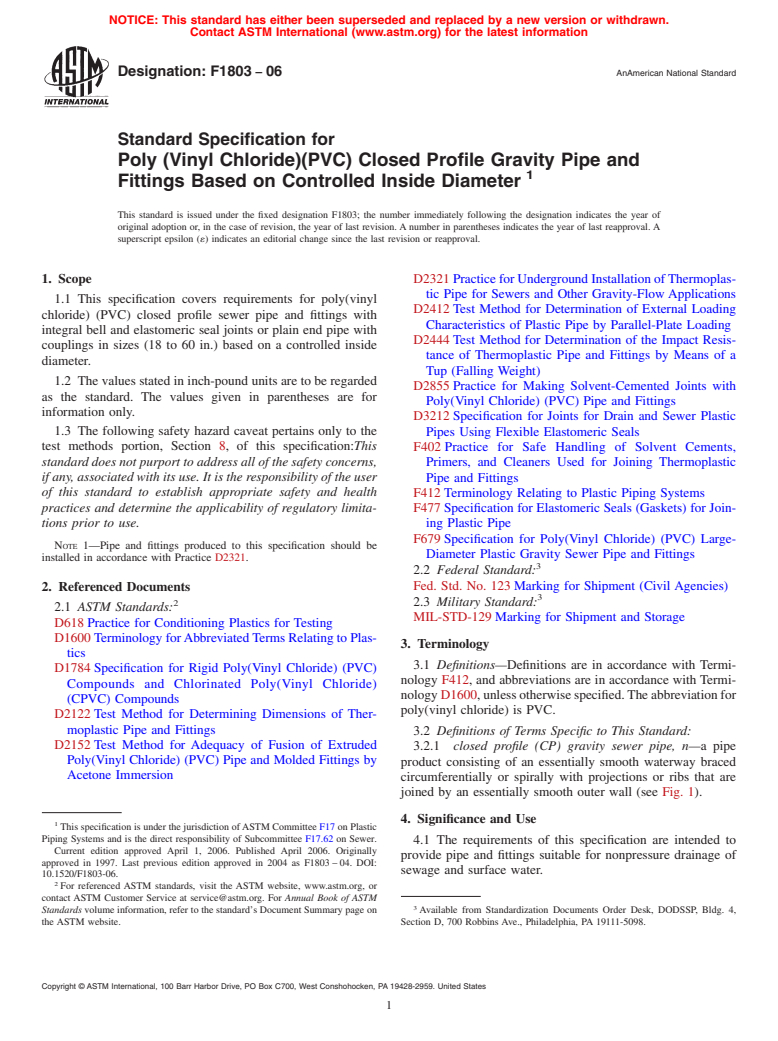 ASTM F1803-06 - Standard Specification for Poly (Vinyl Chloride)(PVC) Closed Profile Gravity Pipe and Fittings Based on Controlled Inside Diameter (Withdrawn 2015)