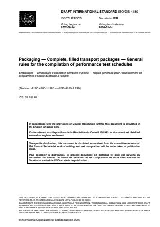 ISO 4180:2009 - Packaging -- Complete, filled transport packages -- General rules for the compilation of performance test schedules