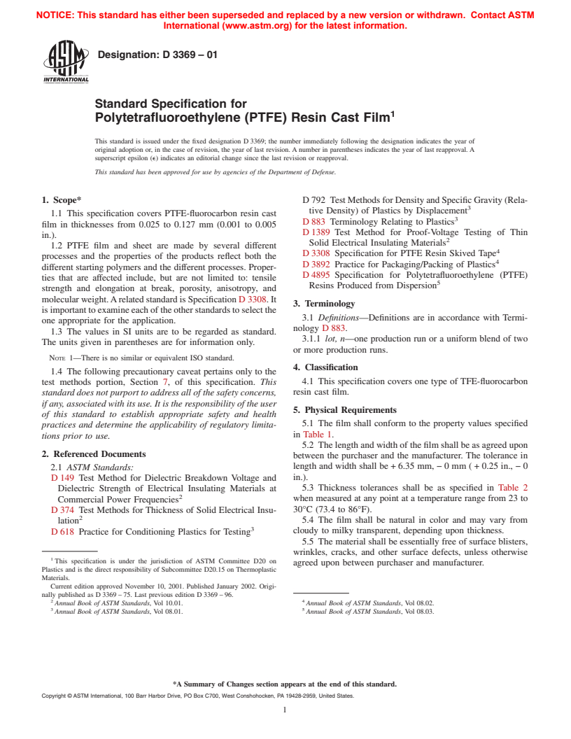 ASTM D3369-01 - Standard Specification for Polytetrafluoroethylene (PTFE) Resin Cast Film (Withdrawn 2006)