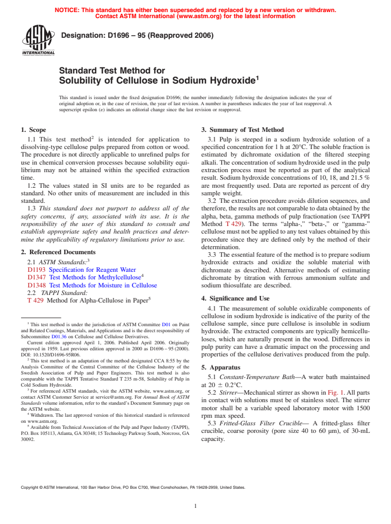 ASTM D1696-95(2006) - Standard Test Method for Solubility of Cellulose in Sodium Hydroxide