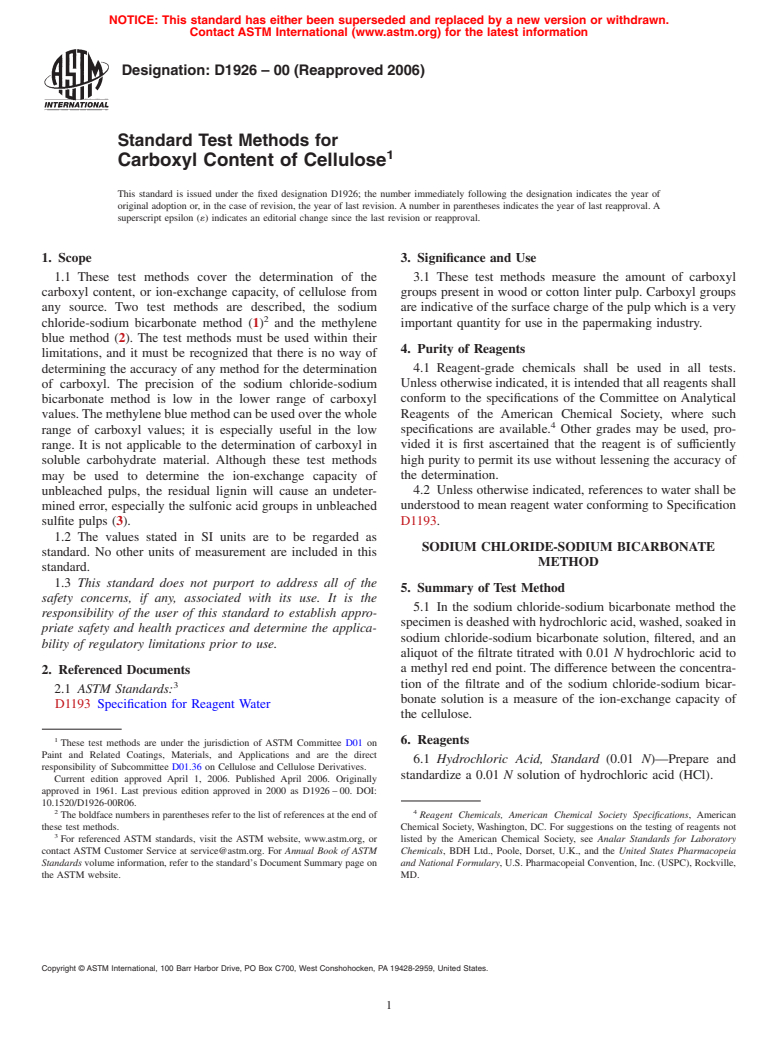 ASTM D1926-00(2006) - Standard Test Methods for Carboxyl Content of Cellulose