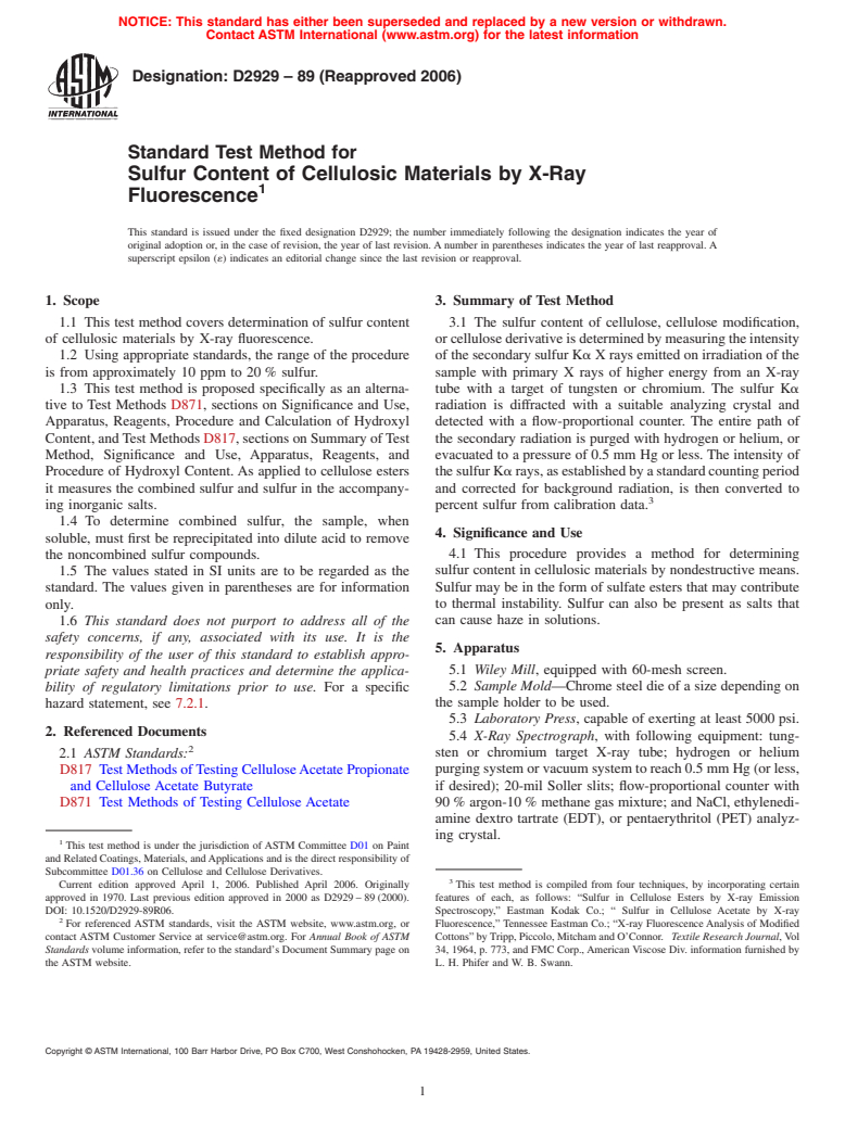 ASTM D2929-89(2006) - Standard Test Method for Sulfur Content of Cellulosic Materials by X-Ray Fluorescence