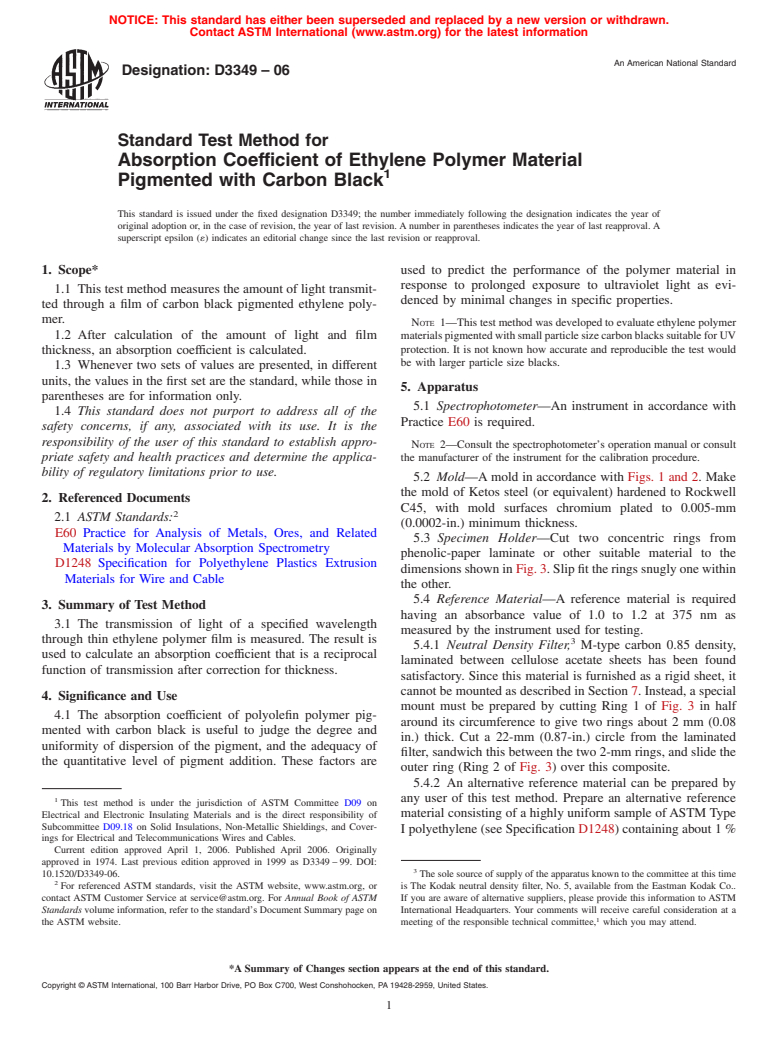 ASTM D3349-06 - Standard Test Method for Absorption Coefficient of Ethylene Polymer Material Pigmented with Carbon Black