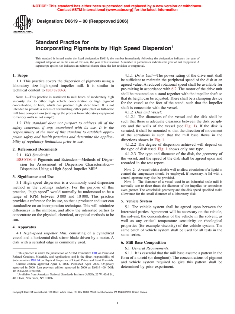 ASTM D6619-00(2006) - Standard Practice for Incorporating Pigments by High Speed Dispersion