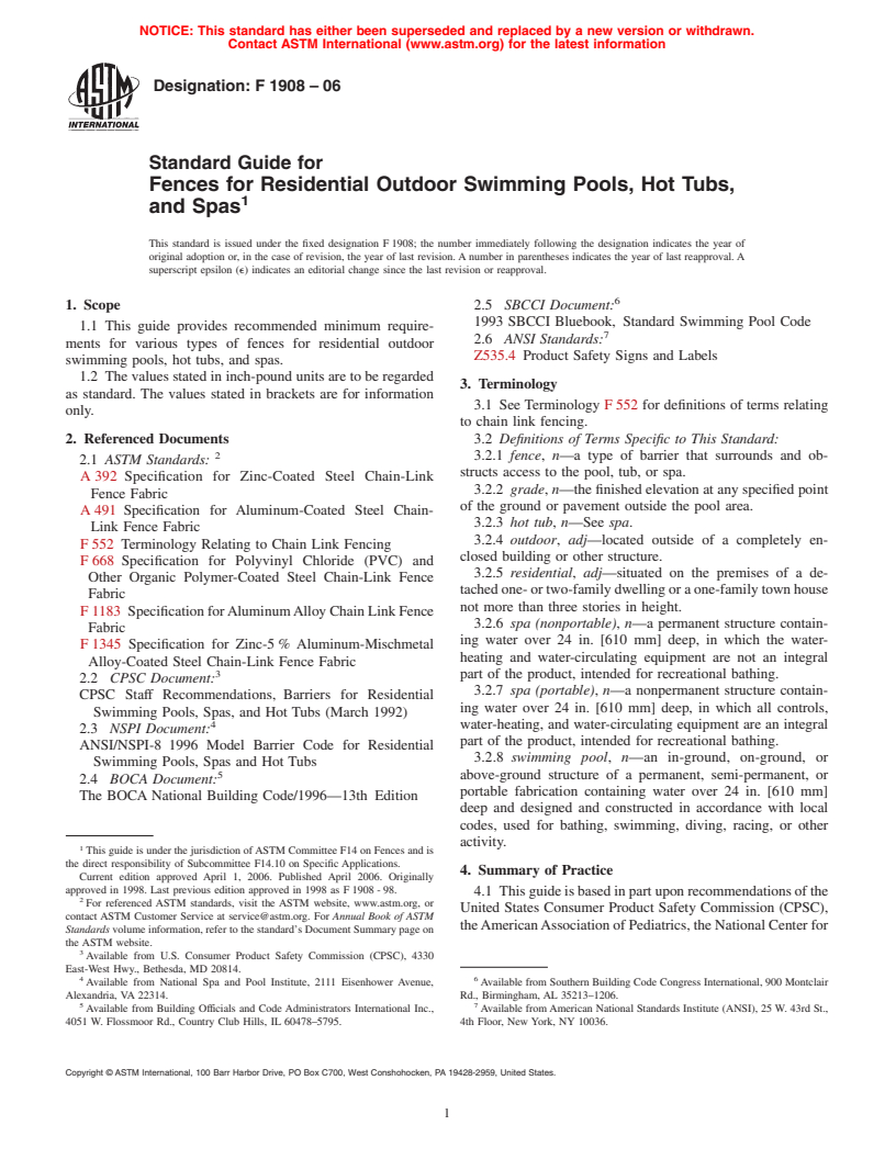 ASTM F1908-06 - Standard Guide for Fences for Residential Outdoor Swimming Pools, Hot Tubs, and Spas