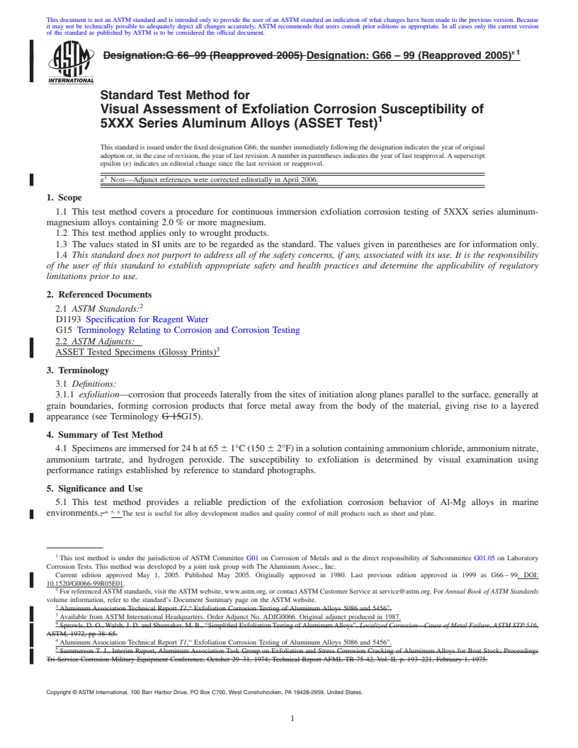 REDLINE ASTM G66-99(2005)e1 - Standard Test Method for Visual Assessment of Exfoliation Corrosion Susceptibility of 5XXX Series Aluminum Alloys (ASSET Test)