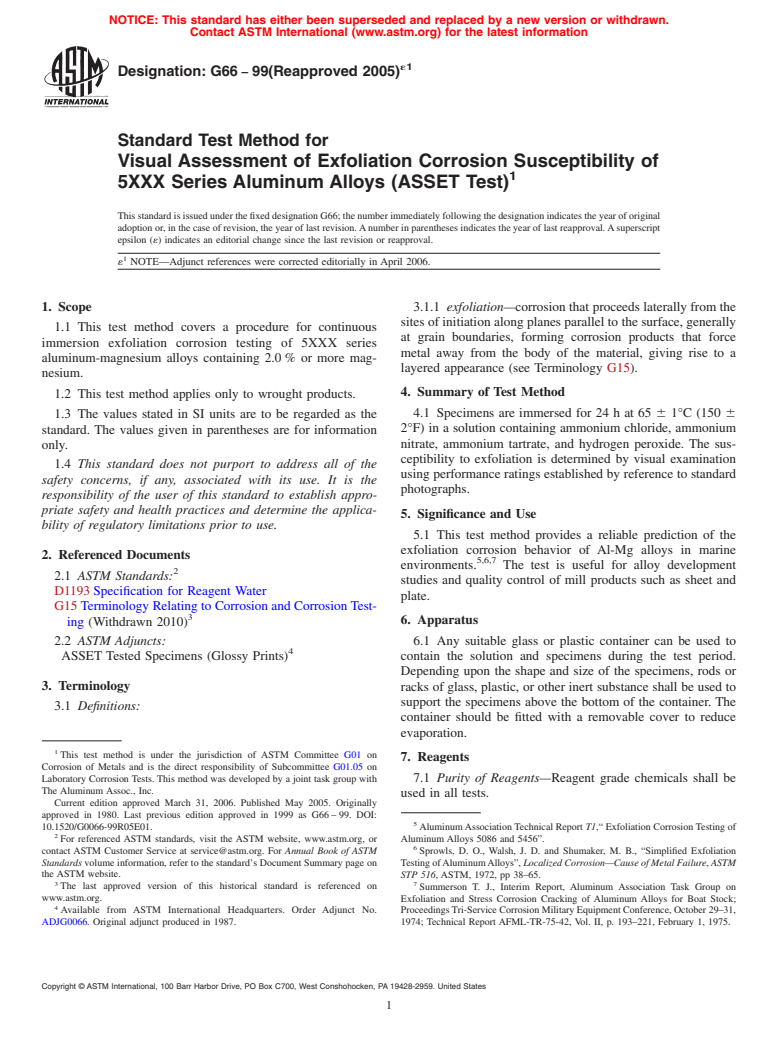 ASTM G66-99(2005)e1 - Standard Test Method for Visual Assessment of Exfoliation Corrosion Susceptibility of 5XXX Series Aluminum Alloys (ASSET Test)