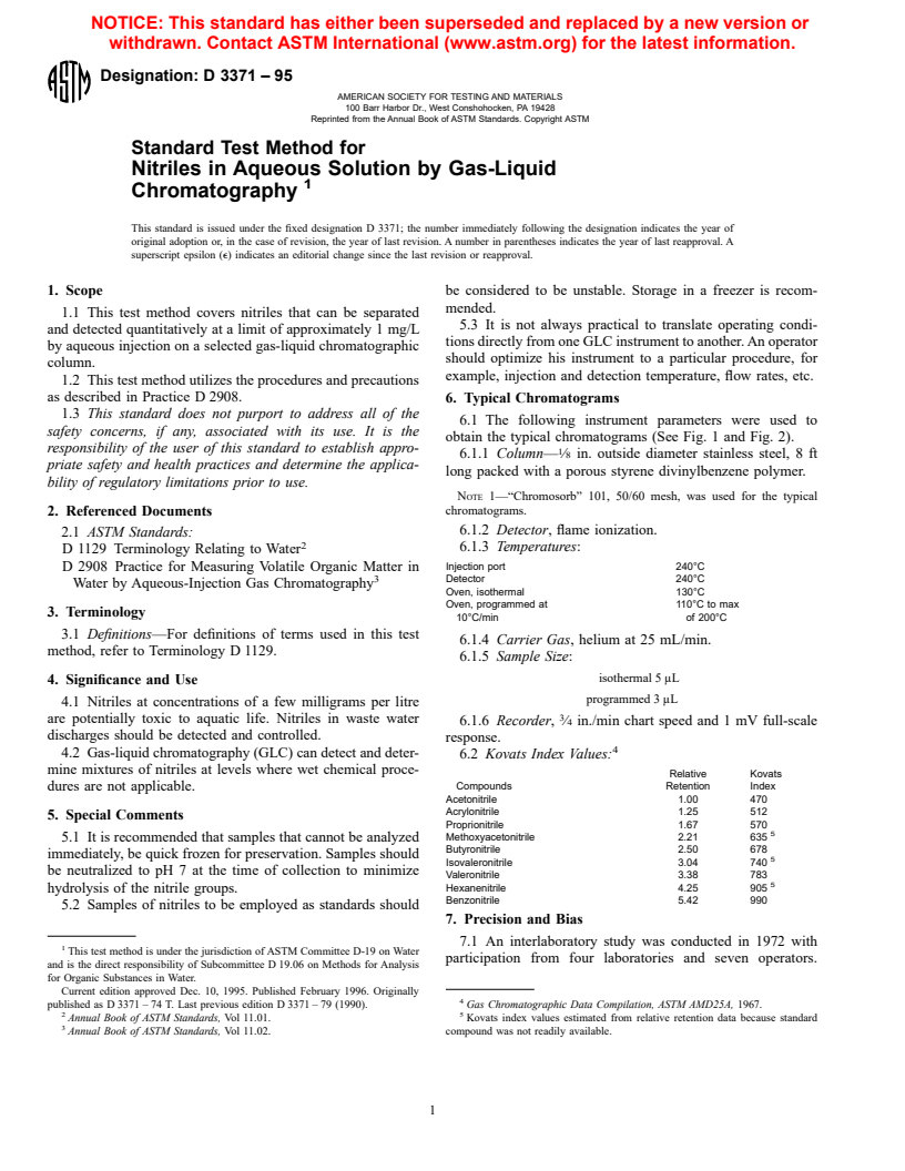 ASTM D3371-95 - Standard Test Method for Nitriles in Aqueous Solution by Gas-Liquid Chromatography (Withdrawn 2002)