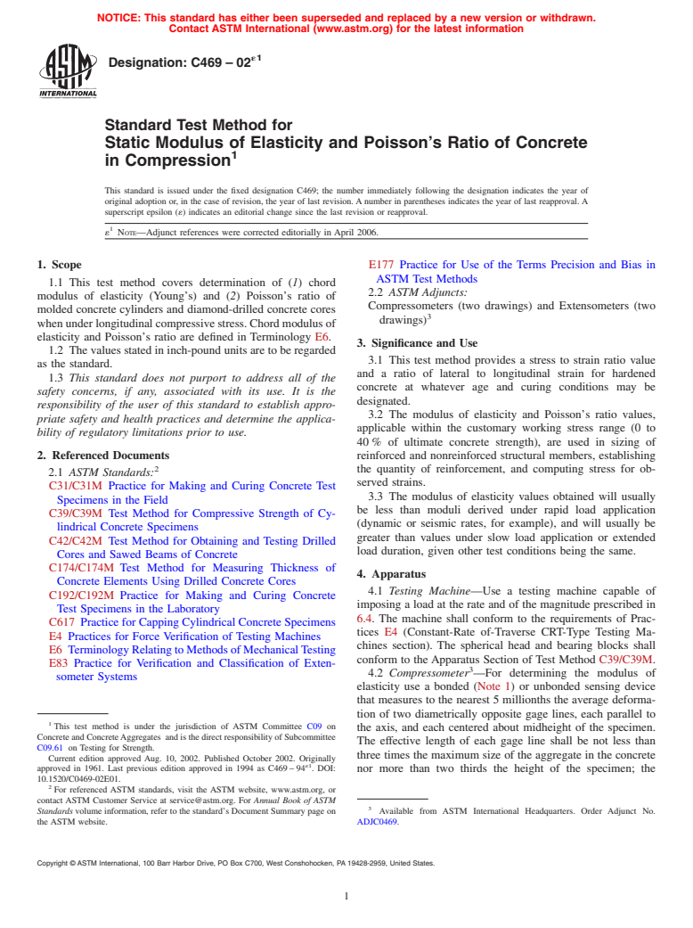 ASTM C469-02e1 - Standard Test Method for Static Modulus of Elasticity and Poisson's Ratio of Concrete in Compression