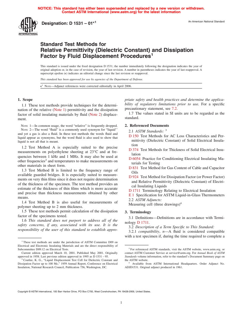 ASTM D1531-01e1 - Standard Test Methods for Relative Permittivity (Dielectric Constant) and Dissipation Factor by Fluid Displacement Procedures