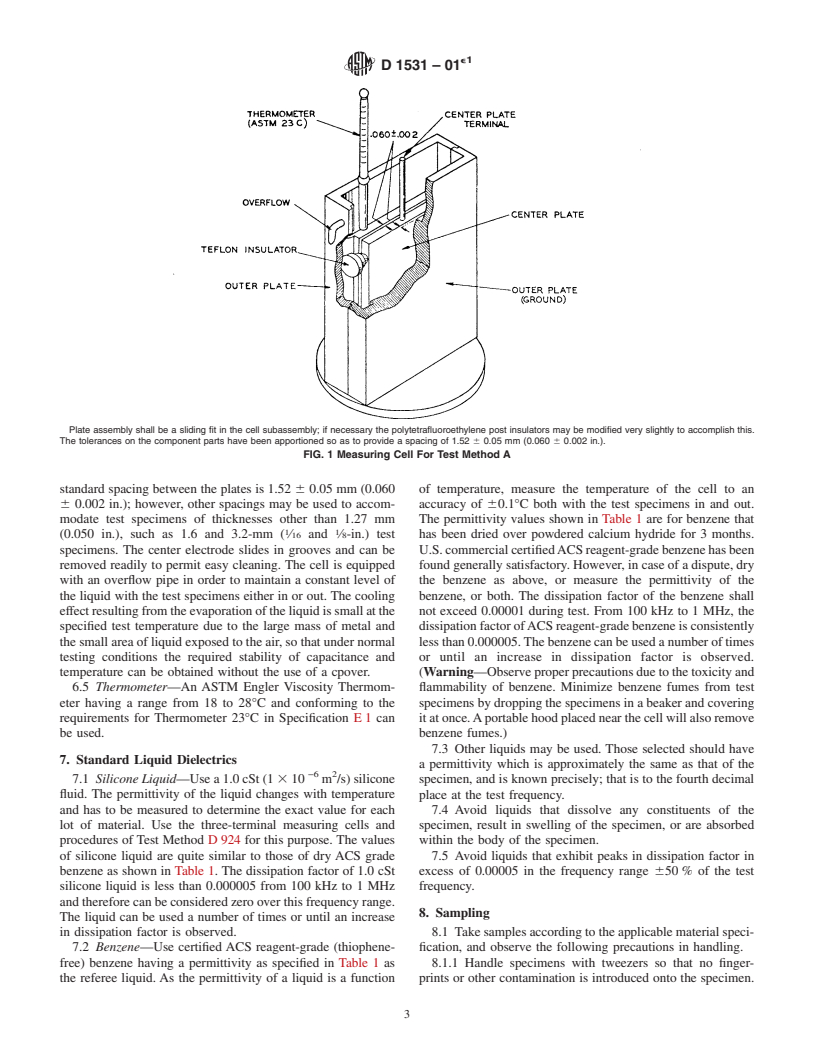 ASTM D1531-01e1 - Standard Test Methods for Relative Permittivity (Dielectric Constant) and Dissipation Factor by Fluid Displacement Procedures