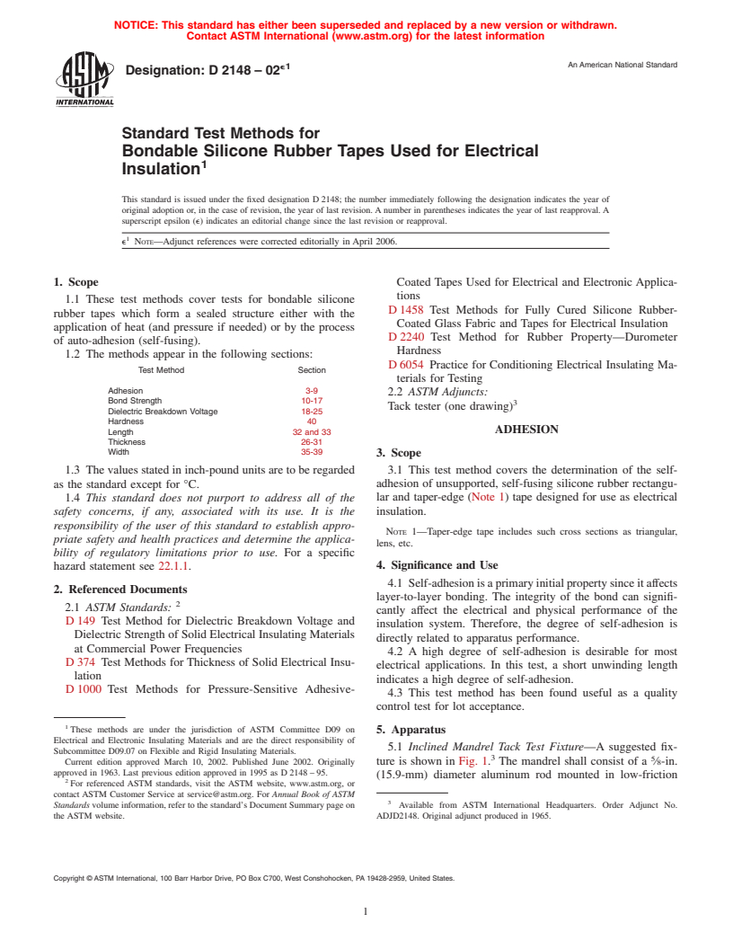 ASTM D2148-02e1 - Standard Test Methods for Bondable Silicone Rubber Tapes Used for Electrical Insulation