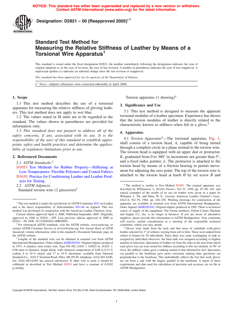 ASTM D2821-00(2005)e1 - Standard Test Method for Measuring the Relative Stiffness of Leather by Means of a Torsional Wire Apparatus