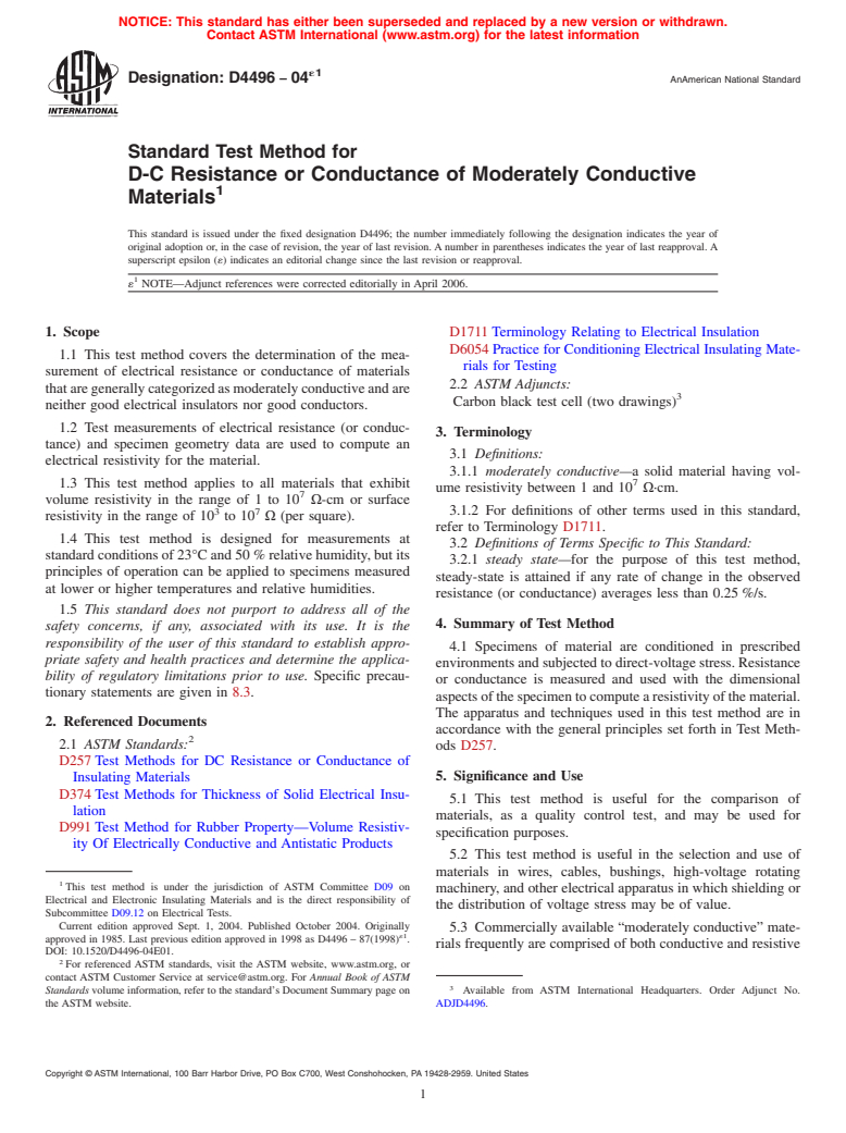 ASTM D4496-04e1 - Standard Test Method for D-C Resistance or Conductance of Moderately Conductive Materials (Withdrawn 2013)