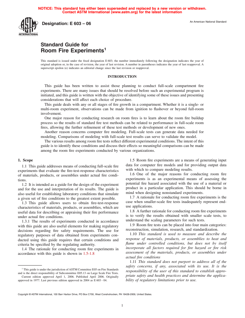 ASTM E603-06 - Standard Guide for Room Fire Experiments