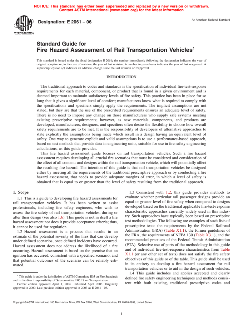 ASTM E2061-06 - Standard Guide for Fire Hazard Assessment of Rail Transportation Vehicles