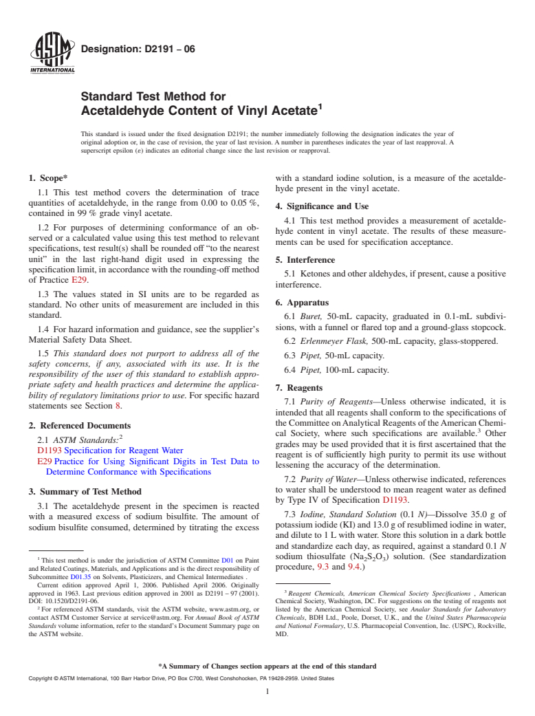 ASTM D2191-06 - Standard Test Method for Acetaldehyde Content of Vinyl Acetate