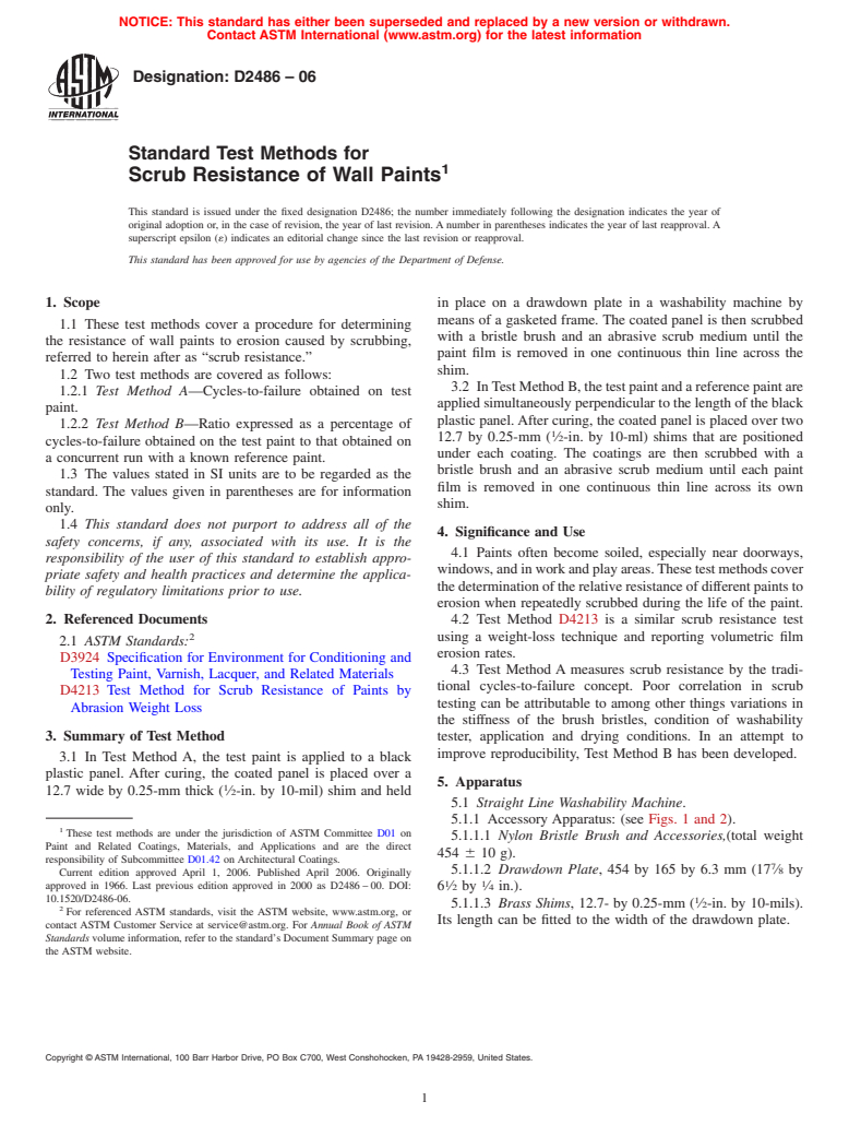 ASTM D2486-06 - Standard Test Methods for Scrub Resistance of Wall Paints