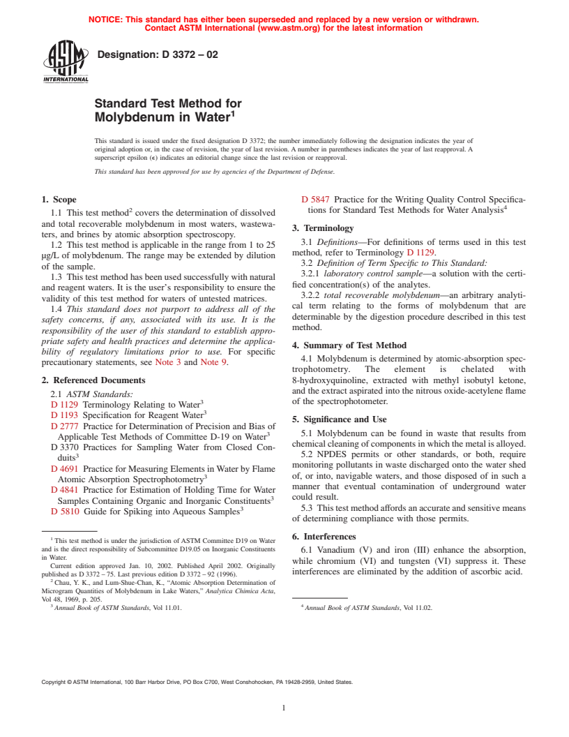 ASTM D3372-02 - Standard Test Method for Molybdenum in Water