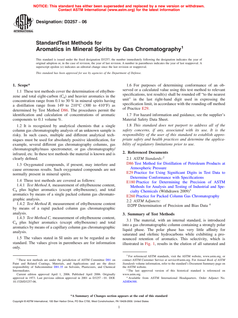 ASTM D3257-06 - Standard Test Methods for Aromatics in Mineral Spirits by Gas Chromatography