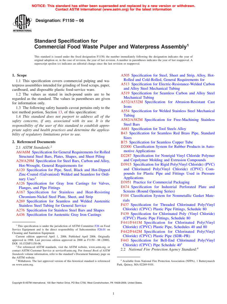 ASTM F1150-06 - Standard Specification for Commercial Food Waste Pulper and Waterpress Assembly