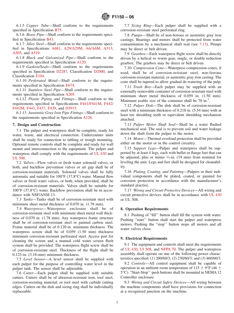 ASTM F1150-06 - Standard Specification for Commercial Food Waste Pulper and Waterpress Assembly