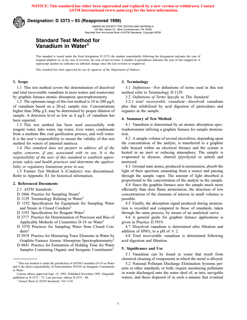 ASTM D3373-93(1998) - Standard Test Method for Vanadium in Water